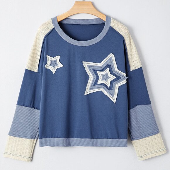 B293 Colorblock Patchwork Star Long Sleeve Top - Picture 3 of 6
